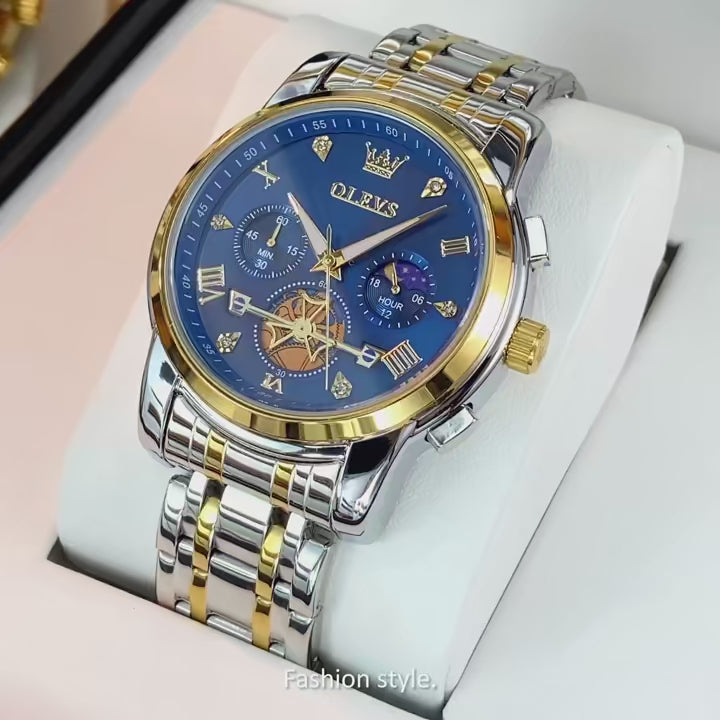 OLEVS 2856 Quartz Watch for Men Flywheel Skeleton Chronograph Moon Phase Multifunctional Stainless steel Men's Wristwatches